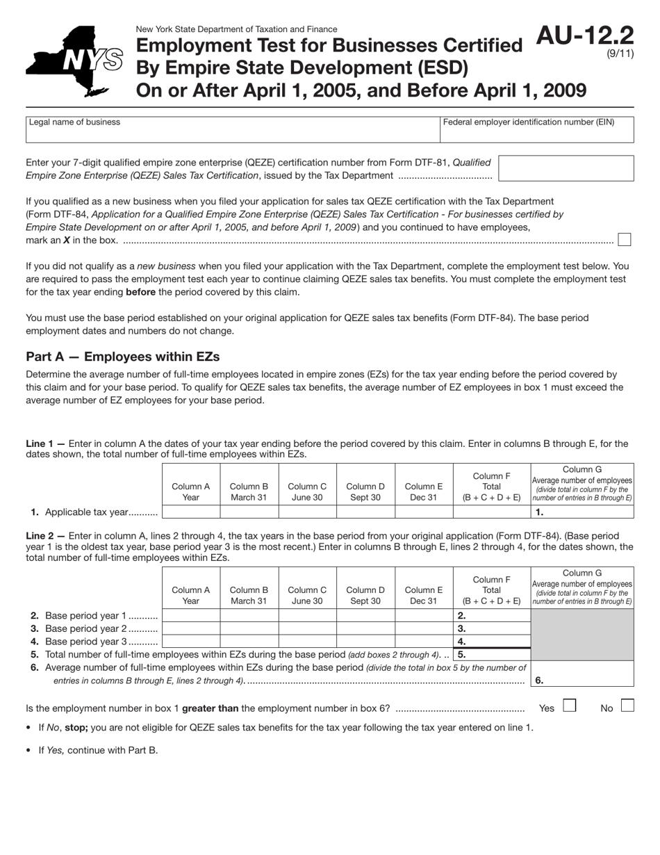 Form AU-12.2 Employment Test for Businesses Certified by Empire State Development (Esd) on or After April 1, 2005, and Before April 1, 2009 - New York, Page 1