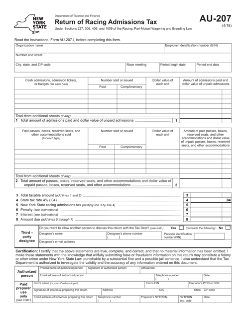 Form AU-207 Return of Racing Admissions Tax - New York