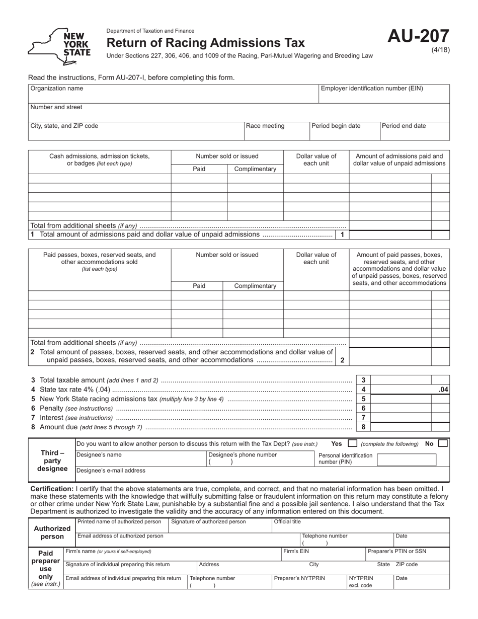Form AU-207 Return of Racing Admissions Tax - New York, Page 1