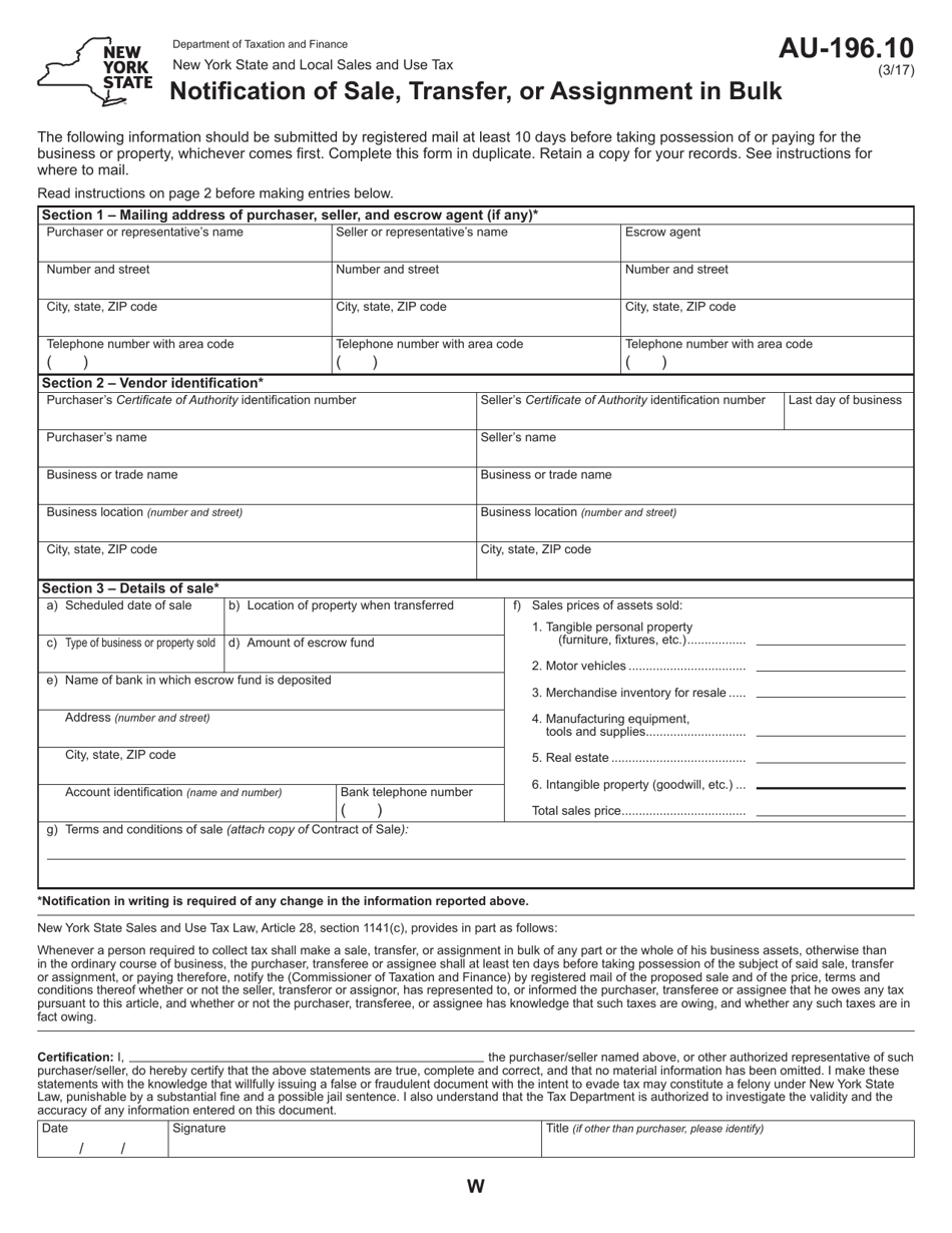 Form AU-196.10 Notification of Sale, Transfer, or Assignment in Bulk - New York, Page 1