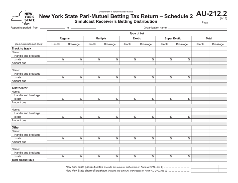Form AU-212 Schedule AU-212.2 Simulcast Receivers Betting Distribution - New York, Page 1