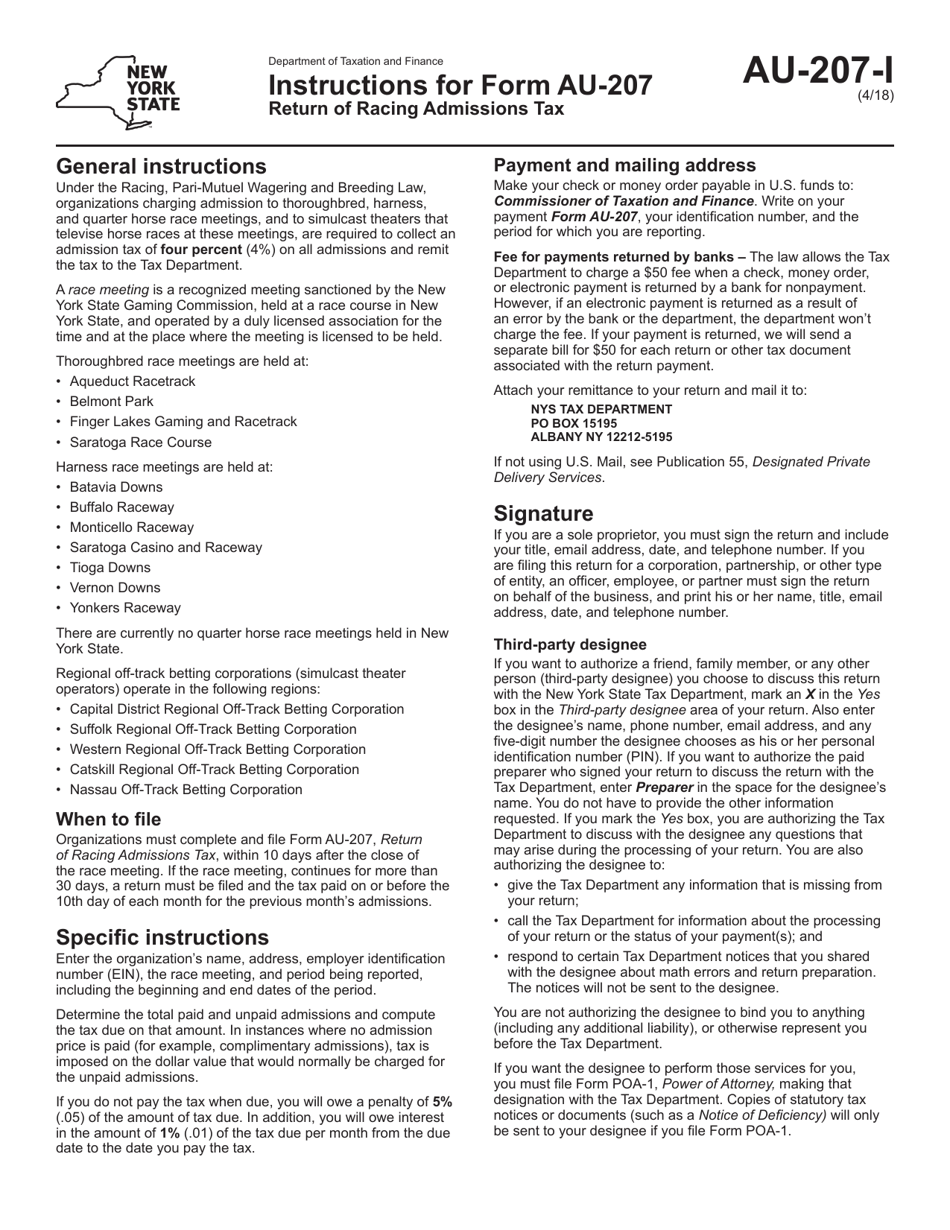 Instructions for Form AU-207 Return of Racing Admissions Tax - New York, Page 1