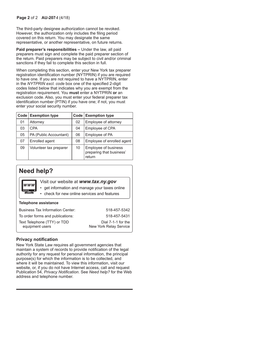 Instructions for Form AU-207 Return of Racing Admissions Tax - New York, Page 2