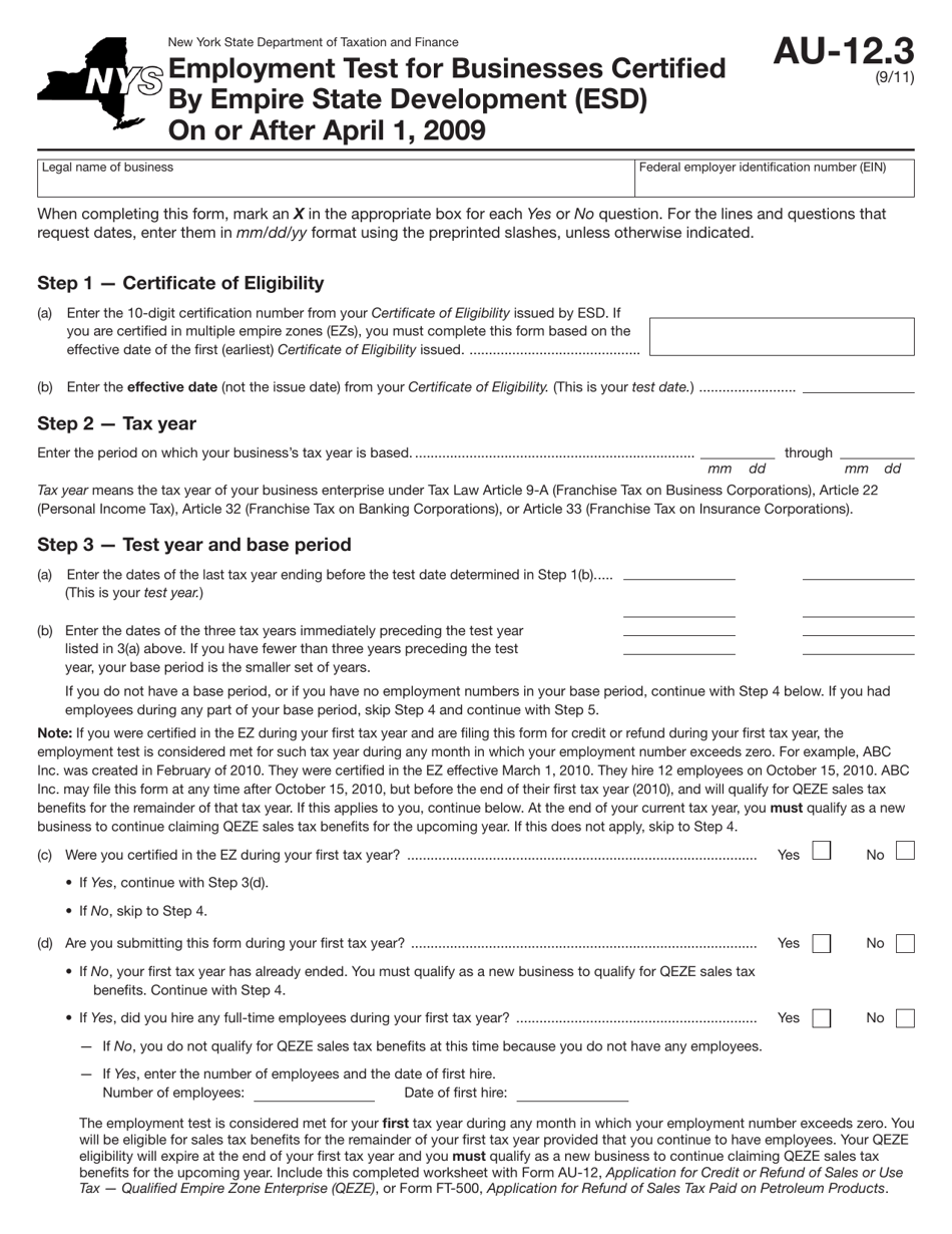 Form AU-12.3 Employment Test for Businesses Certified by Empire State Development (Esd) on or After April 1, 2009 - New York, Page 1