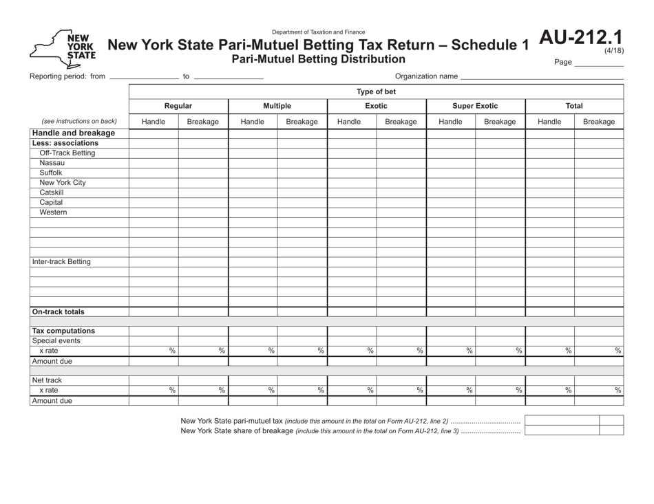Form AU-212.1 Schedule 1 Pari-Mutuel Betting Distribution - New York, Page 1
