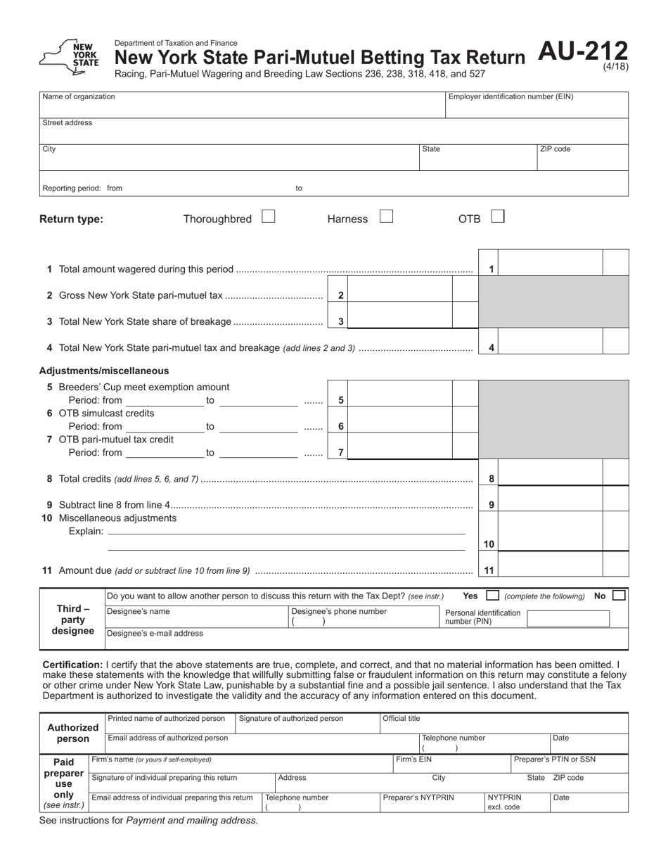 Form AU-212 New York State Pari-Mutuel Betting Tax Return - New York, Page 1