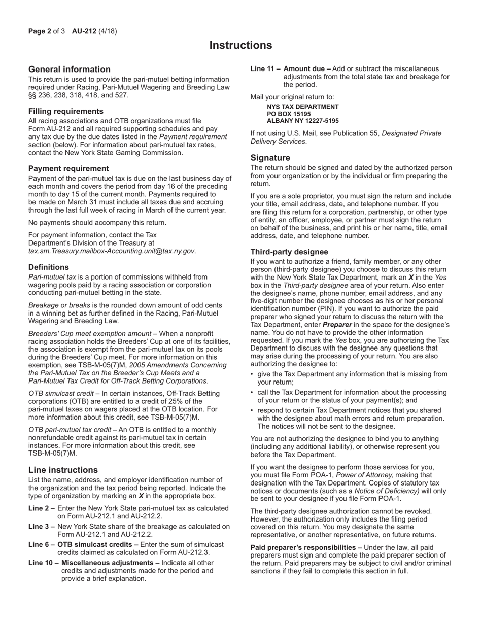 Form AU-212 New York State Pari-Mutuel Betting Tax Return - New York, Page 2