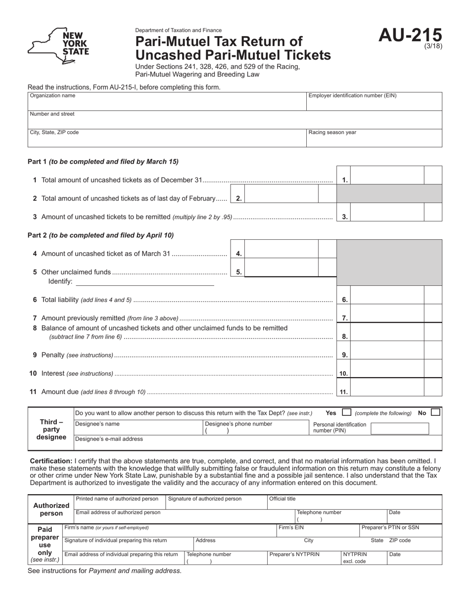 Form AU-215 Pari-Mutuel Tax Return of Uncashed Pari-Mutuel Tickets - New York, Page 1