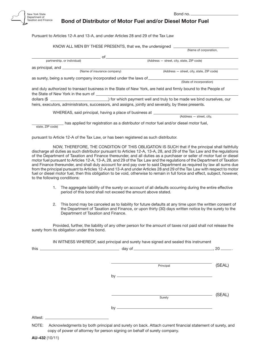 Form AU-432 Bond of Distributor of Motor Fuel and / or Diesel Motor Fuel - New York, Page 1