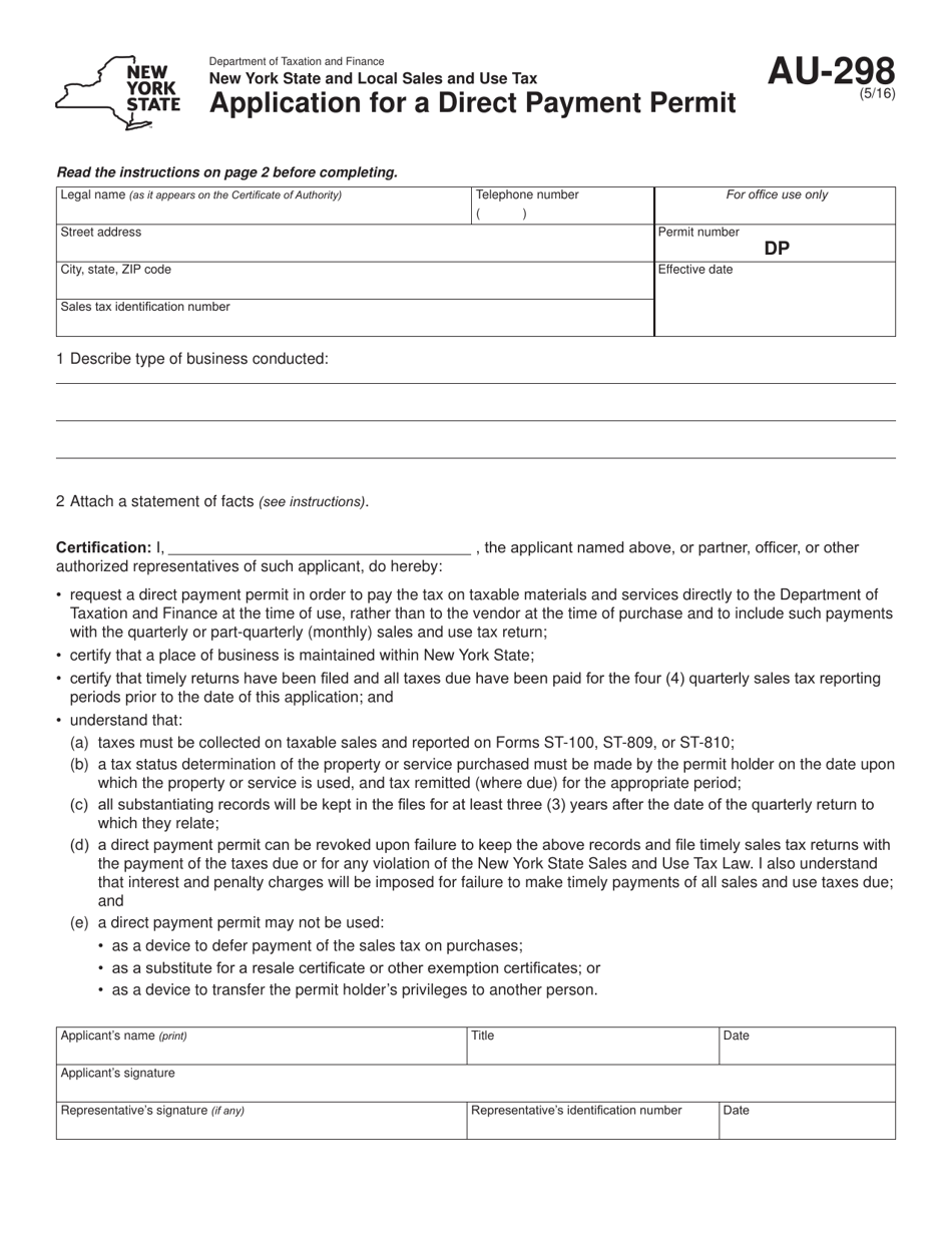 Form AU-298 Application for a Direct Payment Permit - New York, Page 1
