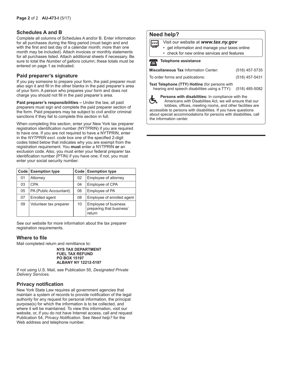 Instructions for Form AU-473 Reimbursement Application for Petroleum Business Tax on Fuel Used for Commercial Gallonage - New York, Page 2
