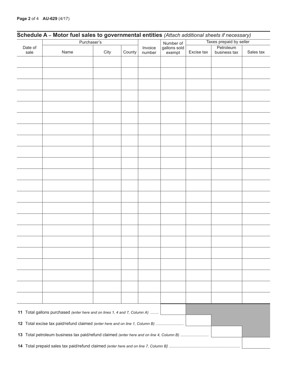 Form AU-629 Application for Refund / Reimbursement of Taxes Paid on Fuel Sold to Governmental Entities by Registered Distributors - New York, Page 2