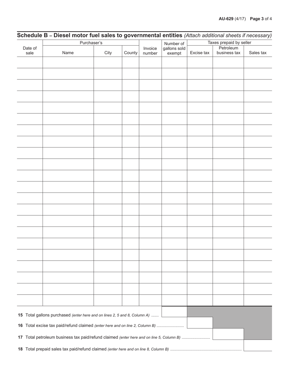 Form AU-629 Application for Refund / Reimbursement of Taxes Paid on Fuel Sold to Governmental Entities by Registered Distributors - New York, Page 3