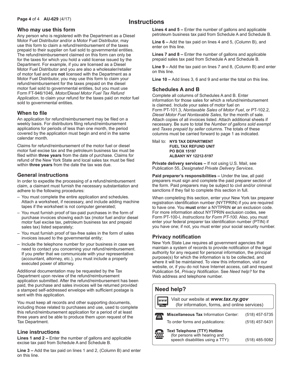 Form AU-629 Application for Refund / Reimbursement of Taxes Paid on Fuel Sold to Governmental Entities by Registered Distributors - New York, Page 4