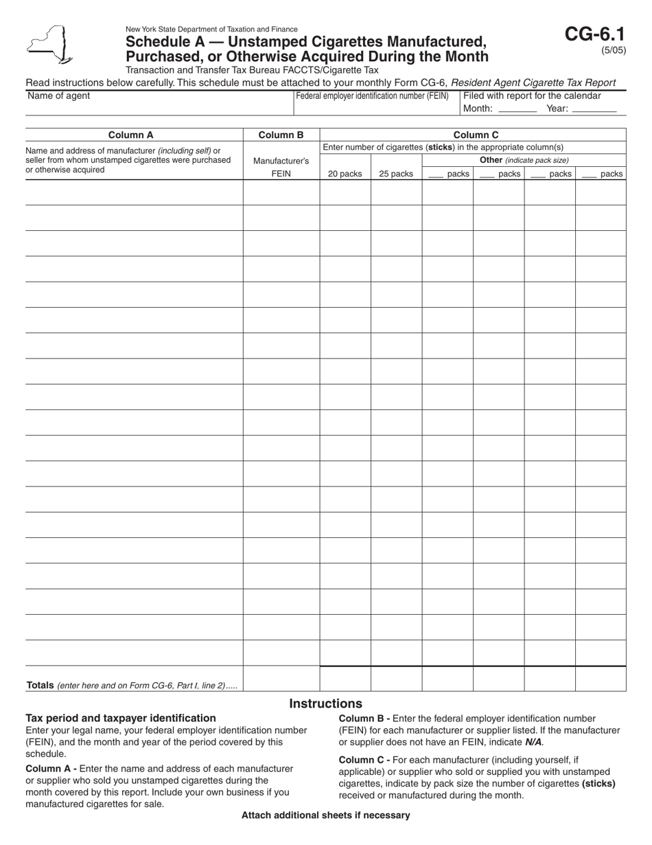 Form CG-6.1 Schedule A Unstamped Cigarettes Manufactured, Purchased, or Otherwise Acquired During the Month - New York, Page 1