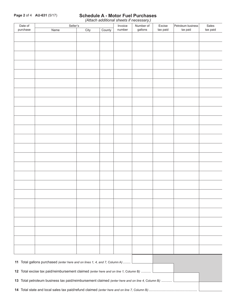 Form AU-631 Claim for Refund / Reimbursement of Taxes Paid on Fuel Used in a Vessel Engaged in Commercial Fishing - New York, Page 2