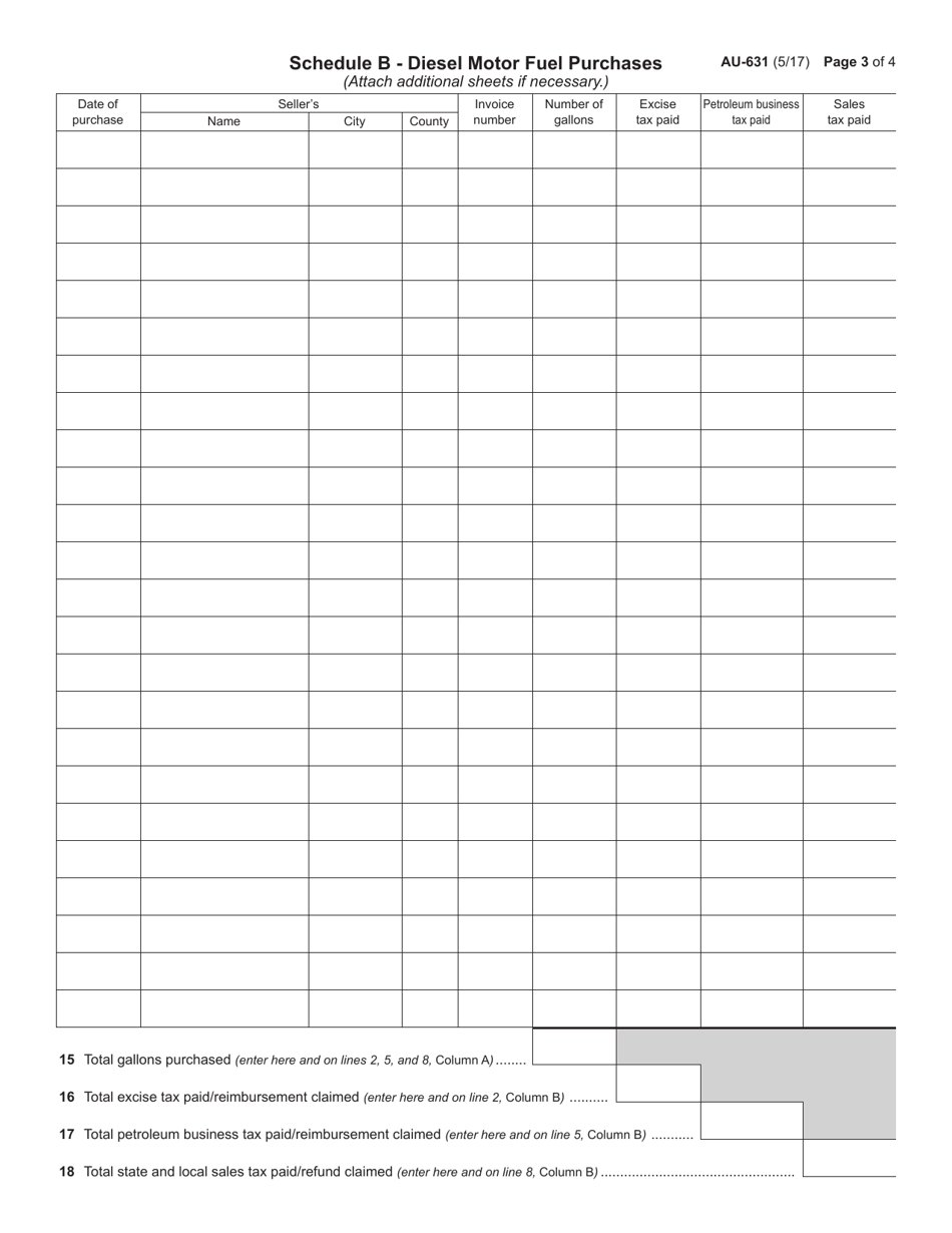 Form AU-631 Claim for Refund / Reimbursement of Taxes Paid on Fuel Used in a Vessel Engaged in Commercial Fishing - New York, Page 3