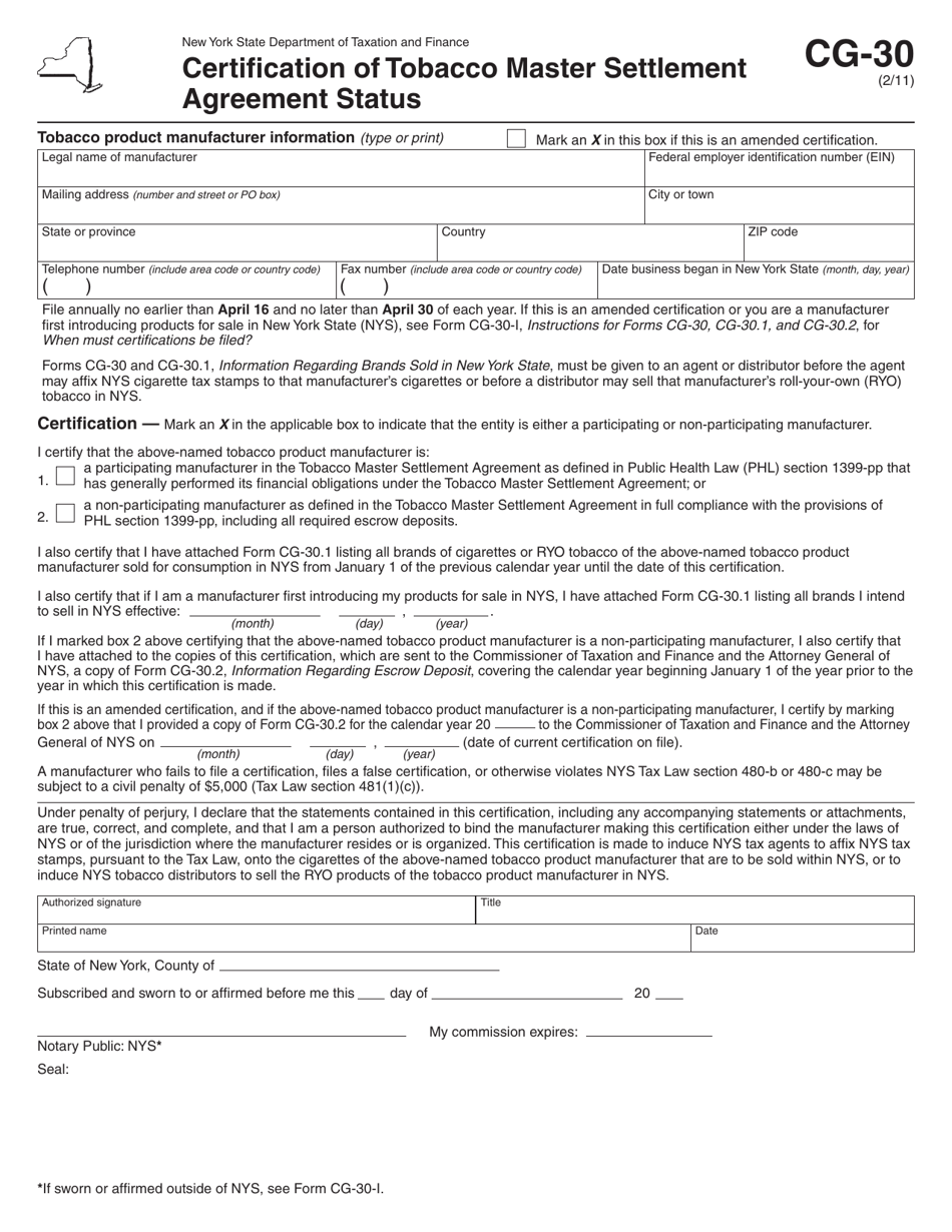 Form CG-30 Certification of Tobacco Master Settlement Agreement Status - New York, Page 1