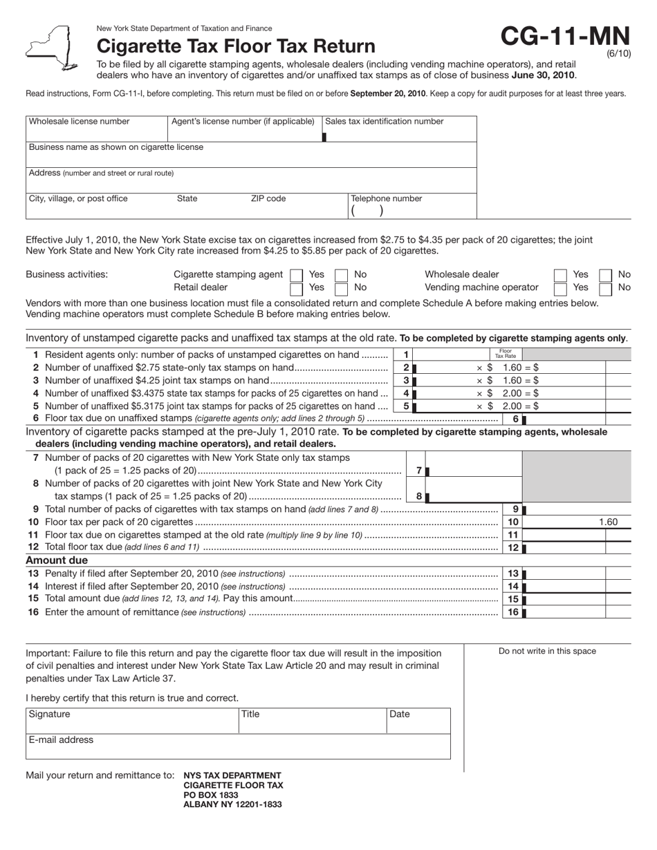Form CG-11-MN Cigarette Tax Floor Tax Return - New York, Page 1