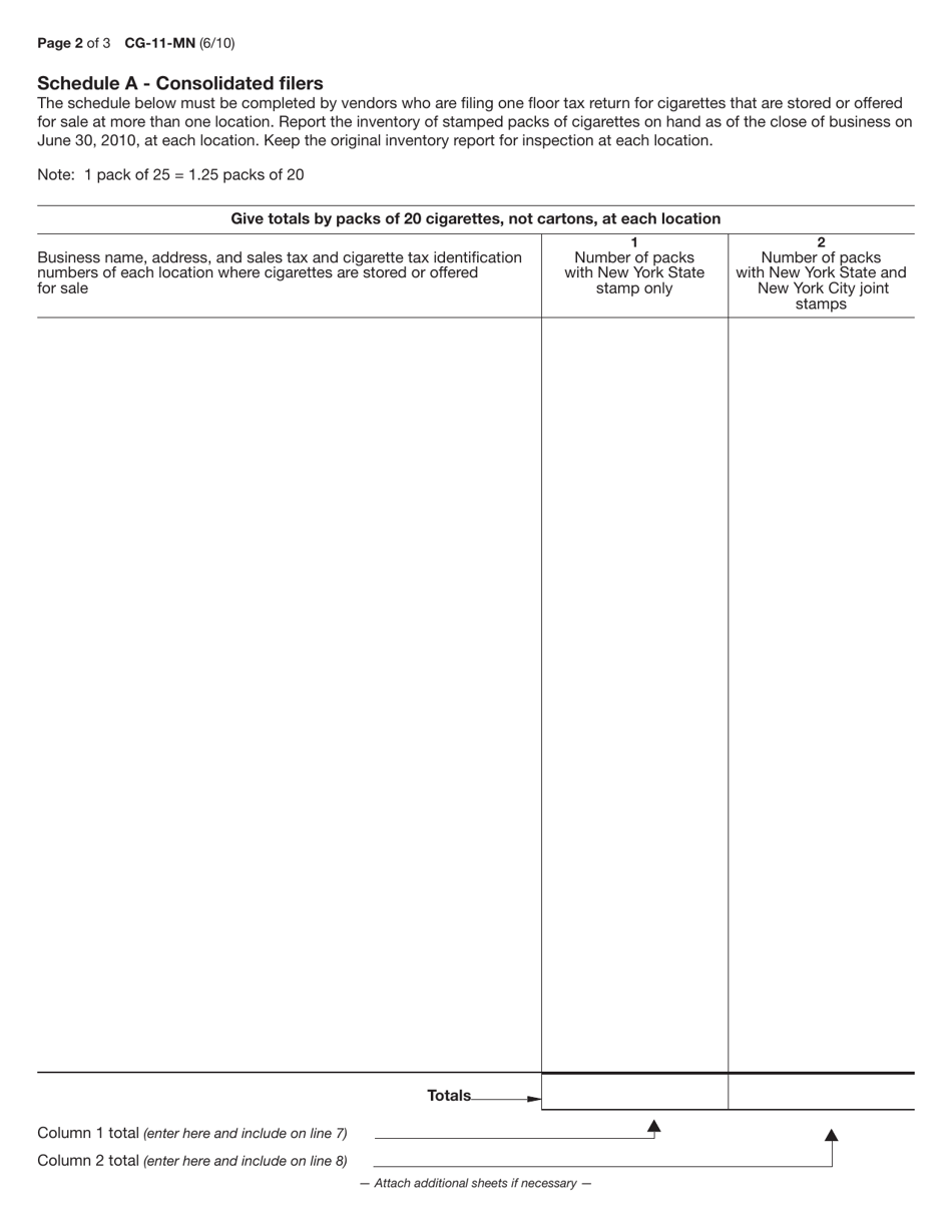 Form CG-11-MN Cigarette Tax Floor Tax Return - New York, Page 2