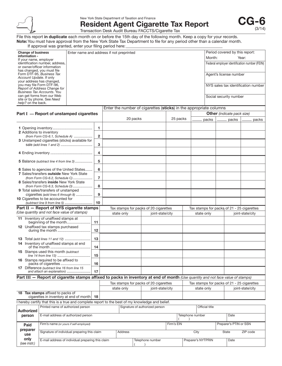 Form CG-6 Resident Agent Cigarette Tax Report - New York, Page 1