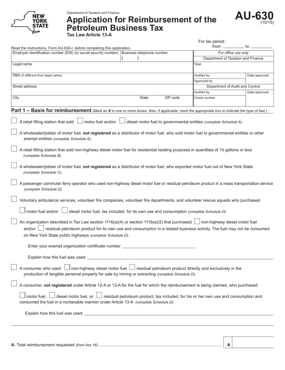 Form AU-630 Application for Reimbursement of the Petroleum Business Tax - New York, Page 1