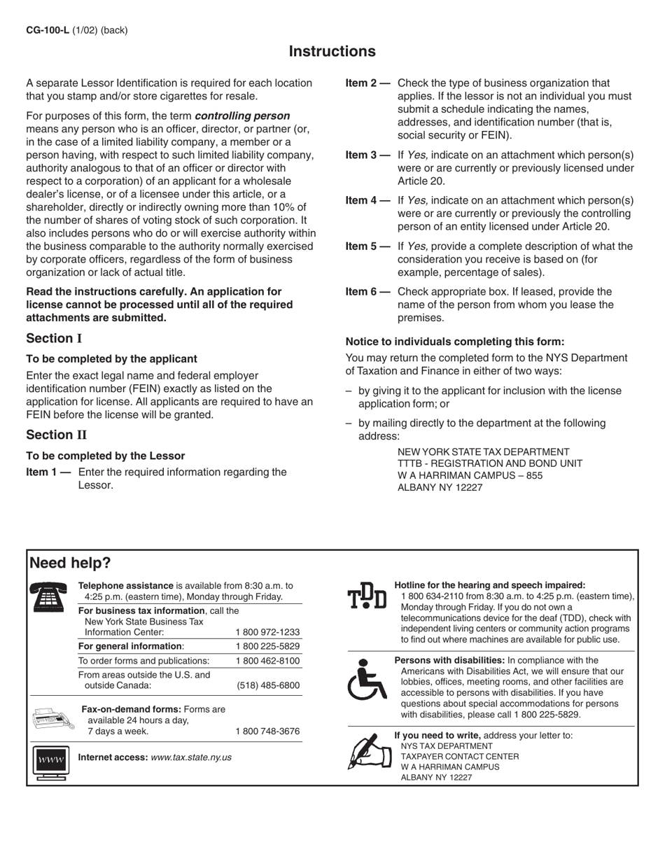 Form CG-100-L Cigarette Agent / Wholesaler-Lessor Identification - New York, Page 2