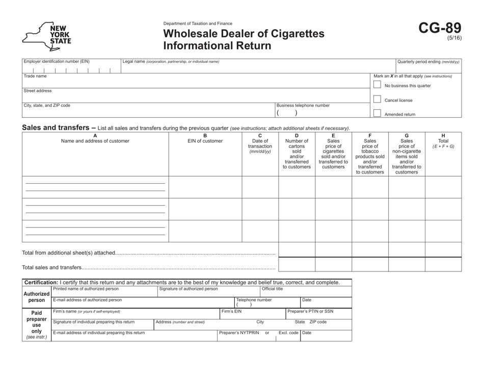 Form CG-89 Wholesale Dealer of Cigarettes Informational Return - New York, Page 1
