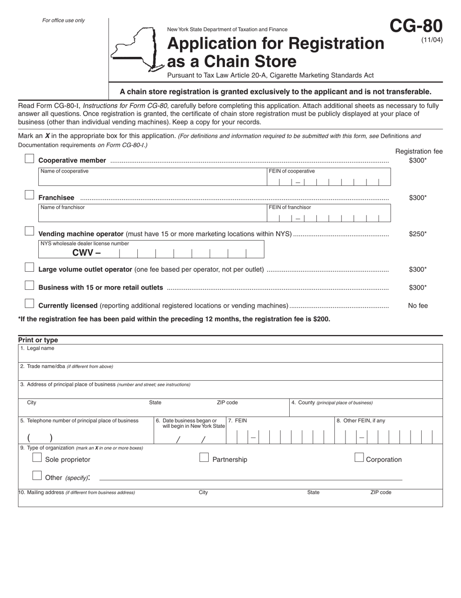 Form CG-80 Application for Registration as a Chain Store - New York, Page 1