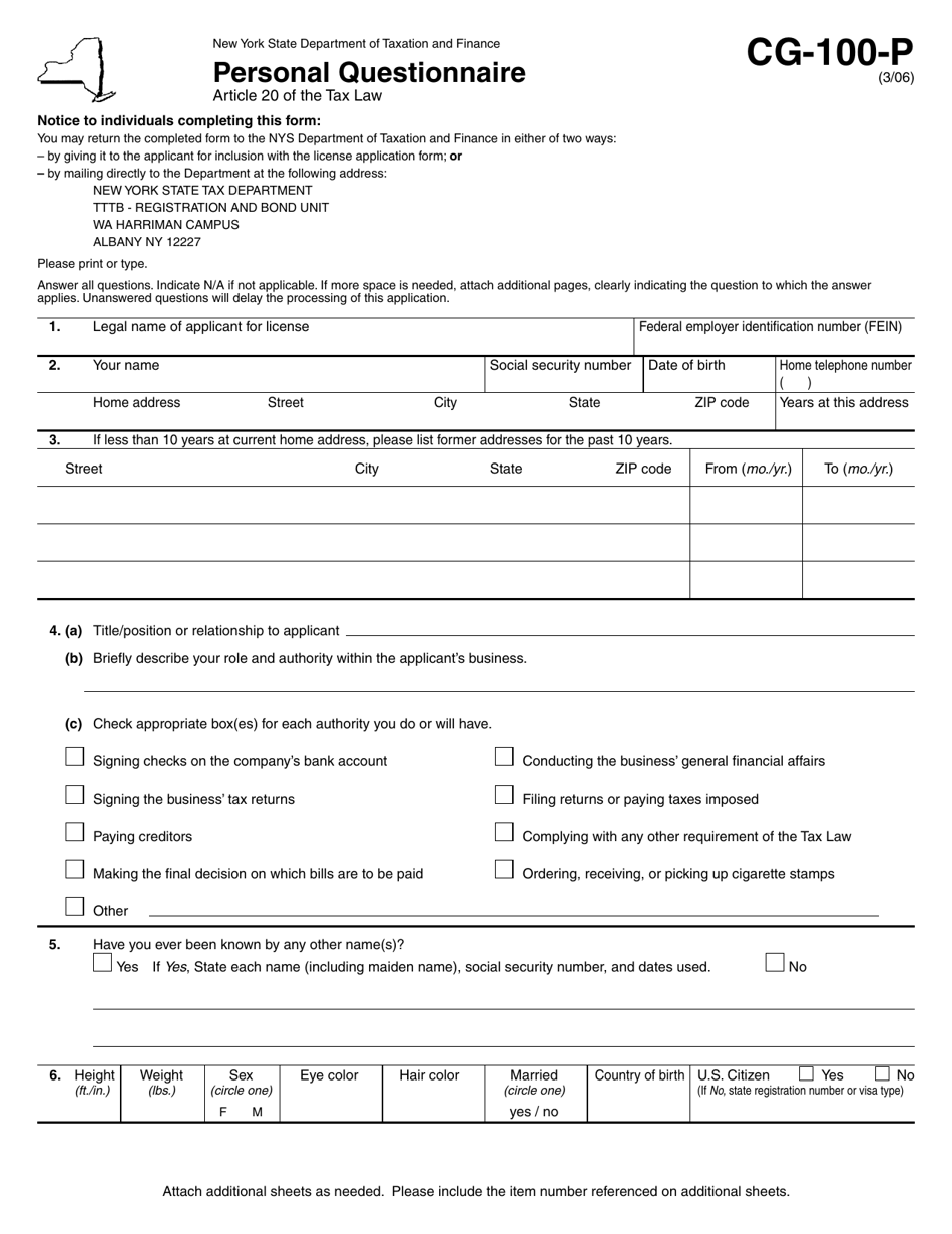 Form CG-100-P Personal Questionnaire - New York, Page 1