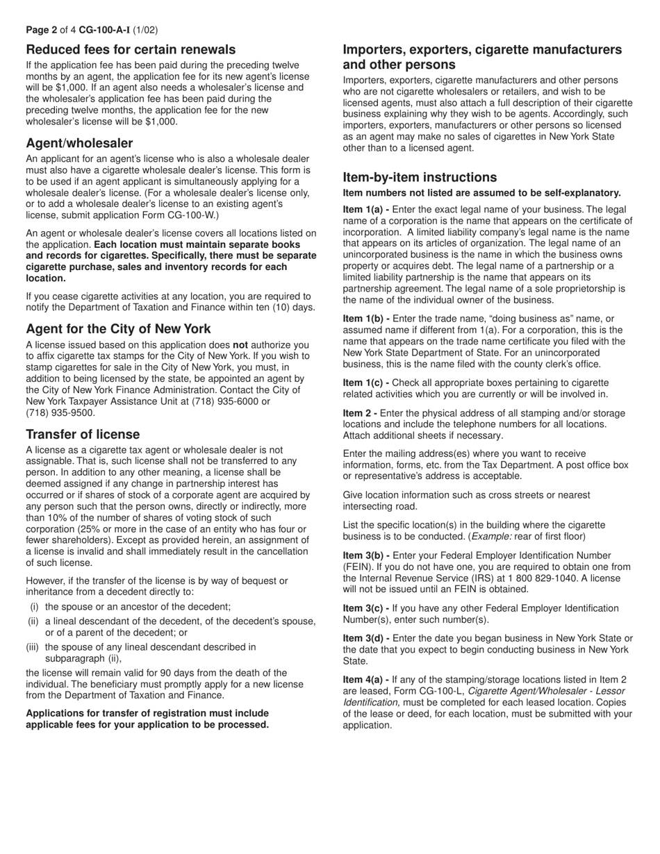 Instructions for Form CG-100-A Application for License as a New York State Cigarette Agent or Agent / Wholesaler - New York, Page 2