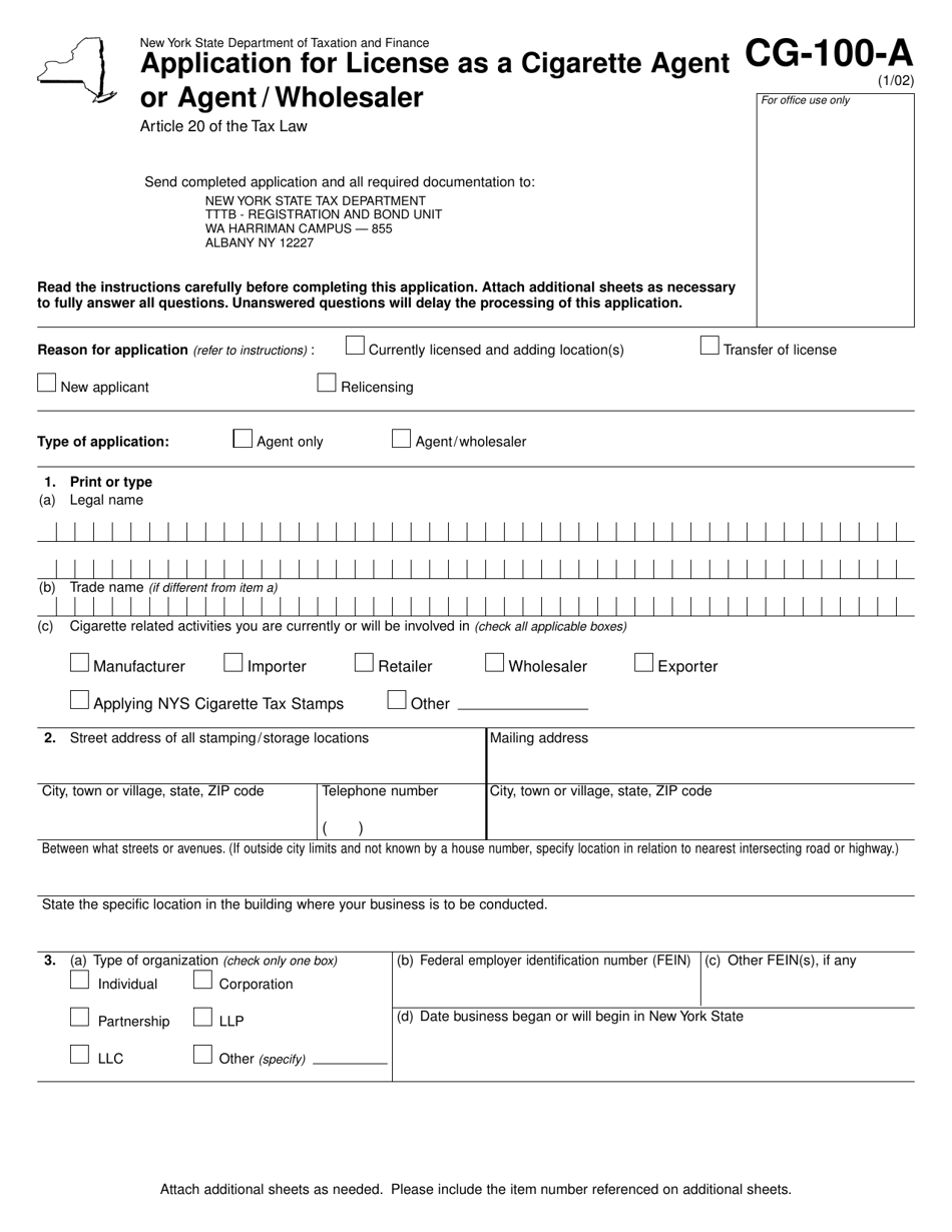 Form CG-100-A Application for License as a Cigarette Agent or Agent / Wholesaler - New York, Page 1