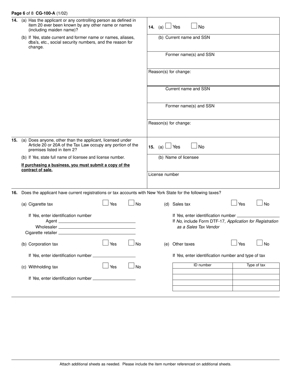Form CG-100-A Application for License as a Cigarette Agent or Agent / Wholesaler - New York, Page 6