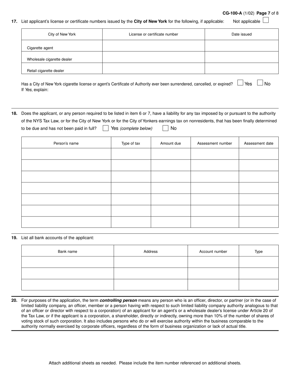 Form CG-100-A Application for License as a Cigarette Agent or Agent / Wholesaler - New York, Page 7