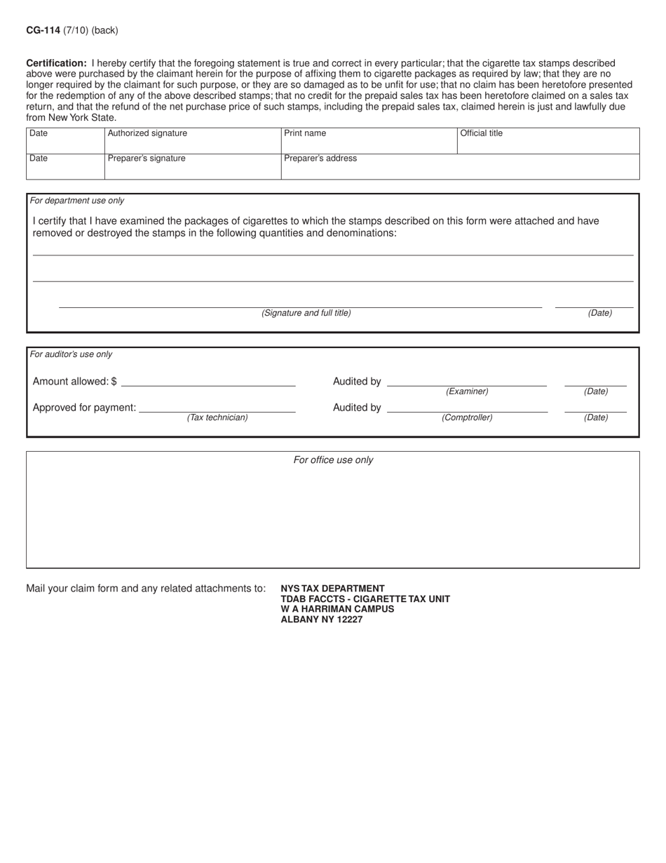 Form CG-114 Claim for Redemption / Refund of Cigarette Tax Stamps and Prepaid Sales Tax - New York, Page 2