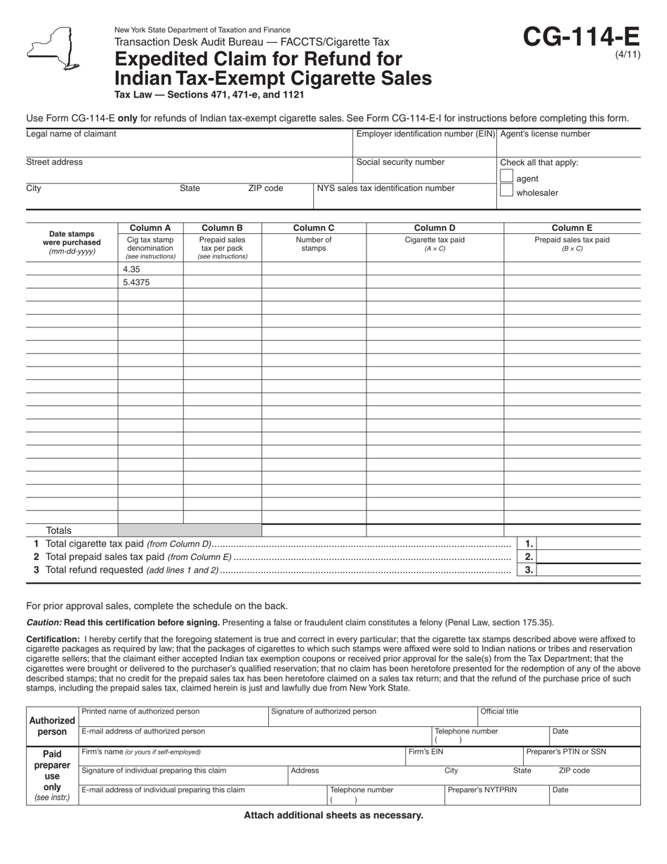 Form CG-114-E Expedited Claim for Refund for Indian Tax-Exempt Cigarette Sales - New York, Page 1