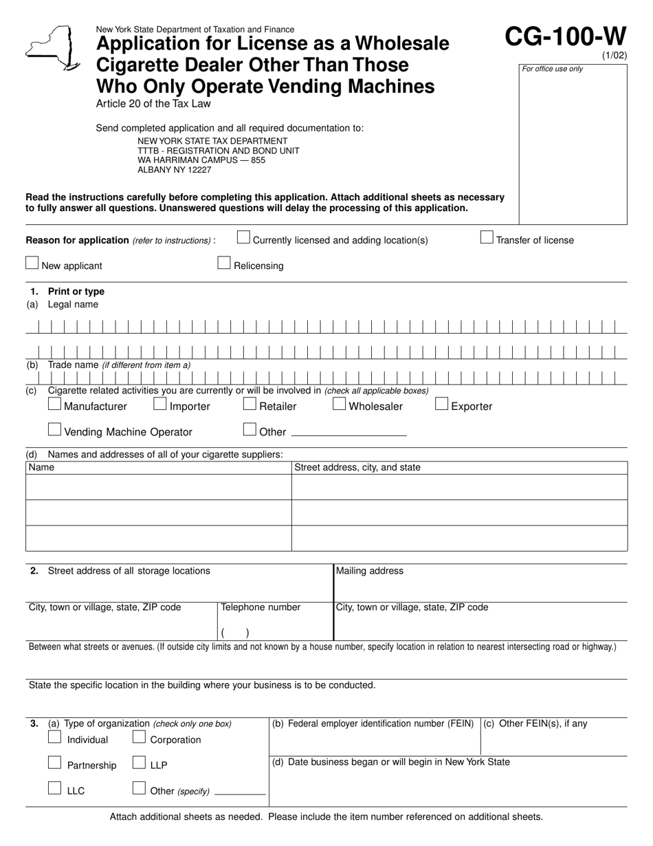 Form CG-100-W Application for License as a Wholesale Cigarette Dealer Other Than Those Who Only Operate Vending Machines - New York, Page 1