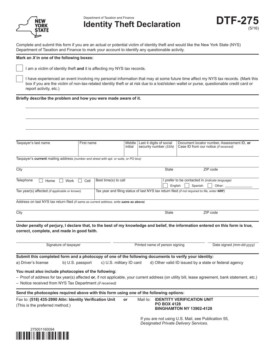 Form DTF-275 Identity Theft Declaration - New York, Page 1