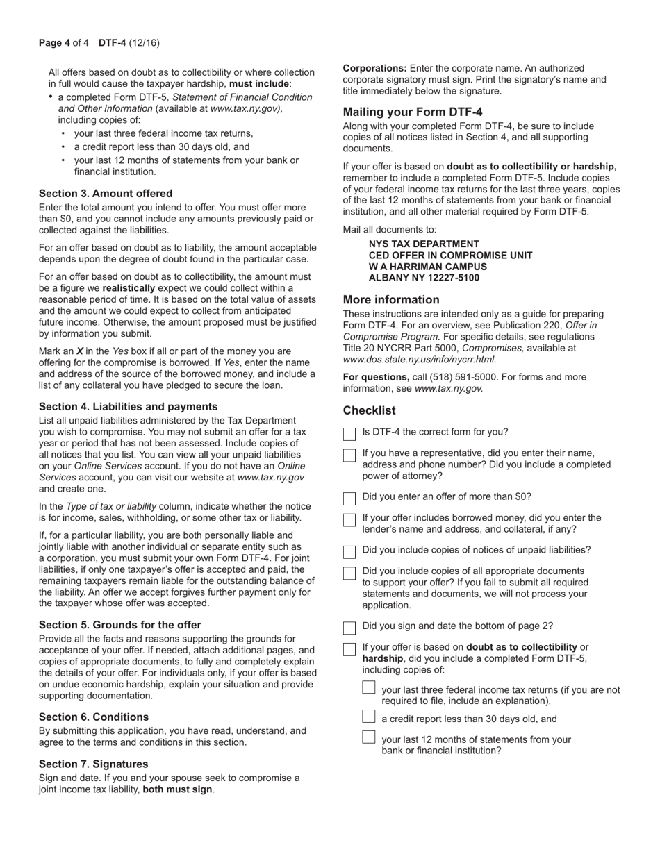 Form DTF-4 Offer in Compromise for Liabilities Not Fixed and Final, and Subject to Administrative Review - New York, Page 4