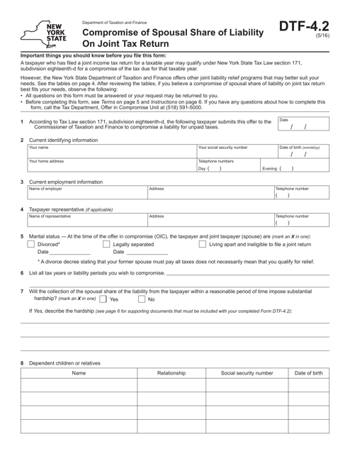 Form DTF-4.2 Compromise of Spousal Share of Liability on Joint Tax Return - New York