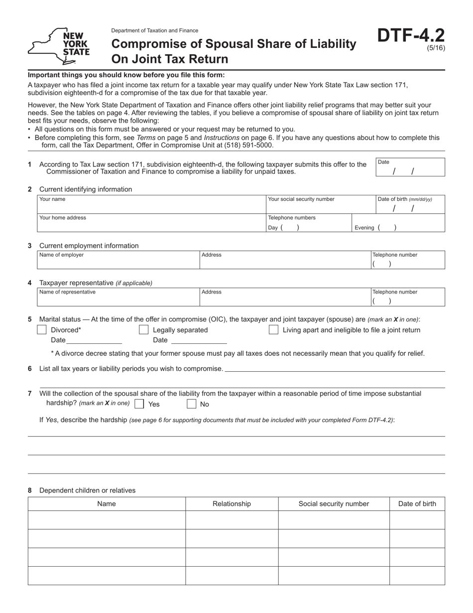 Form DTF-4.2 Compromise of Spousal Share of Liability on Joint Tax Return - New York, Page 1