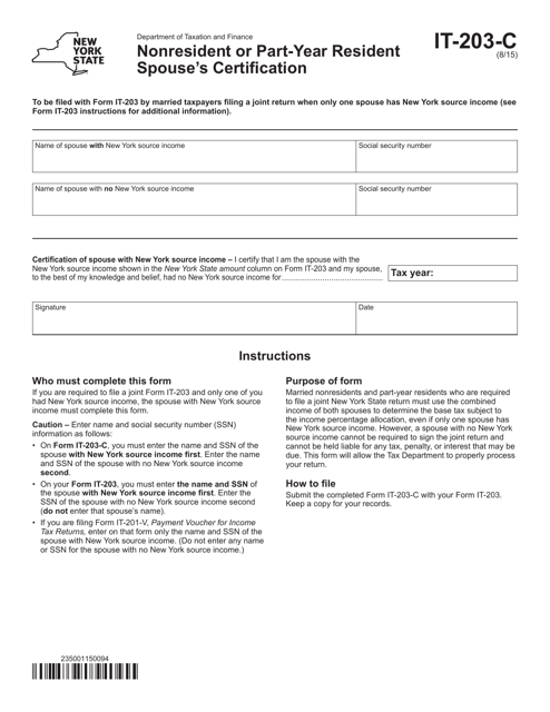 Form IT-203-C Nonresident or Part-Year Resident Spouse's Certification - New York