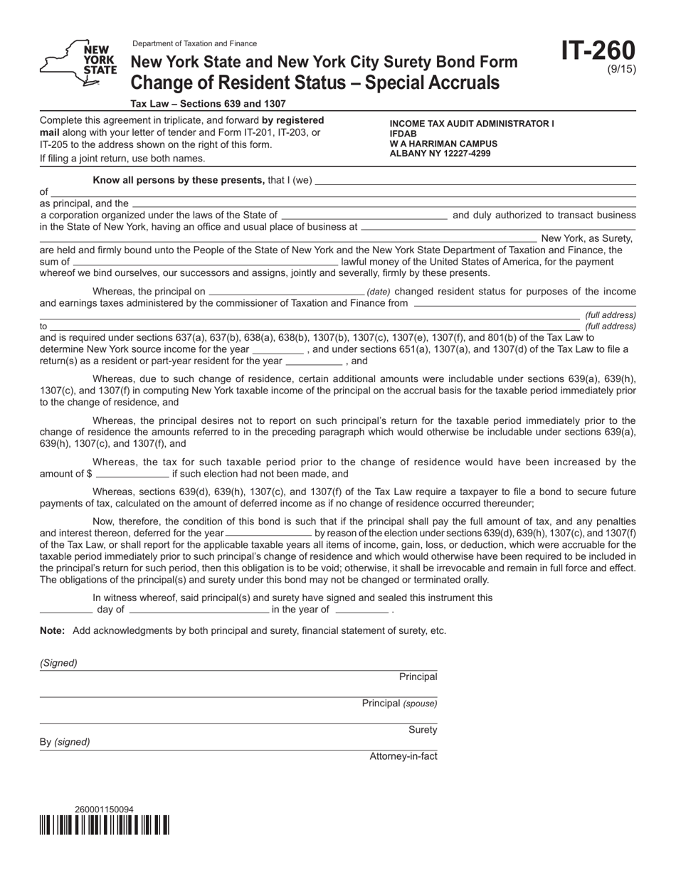 Form IT-260 New York State and New York City Surety Bond Form - Change of Resident Status - Special Accruals - New York, Page 1