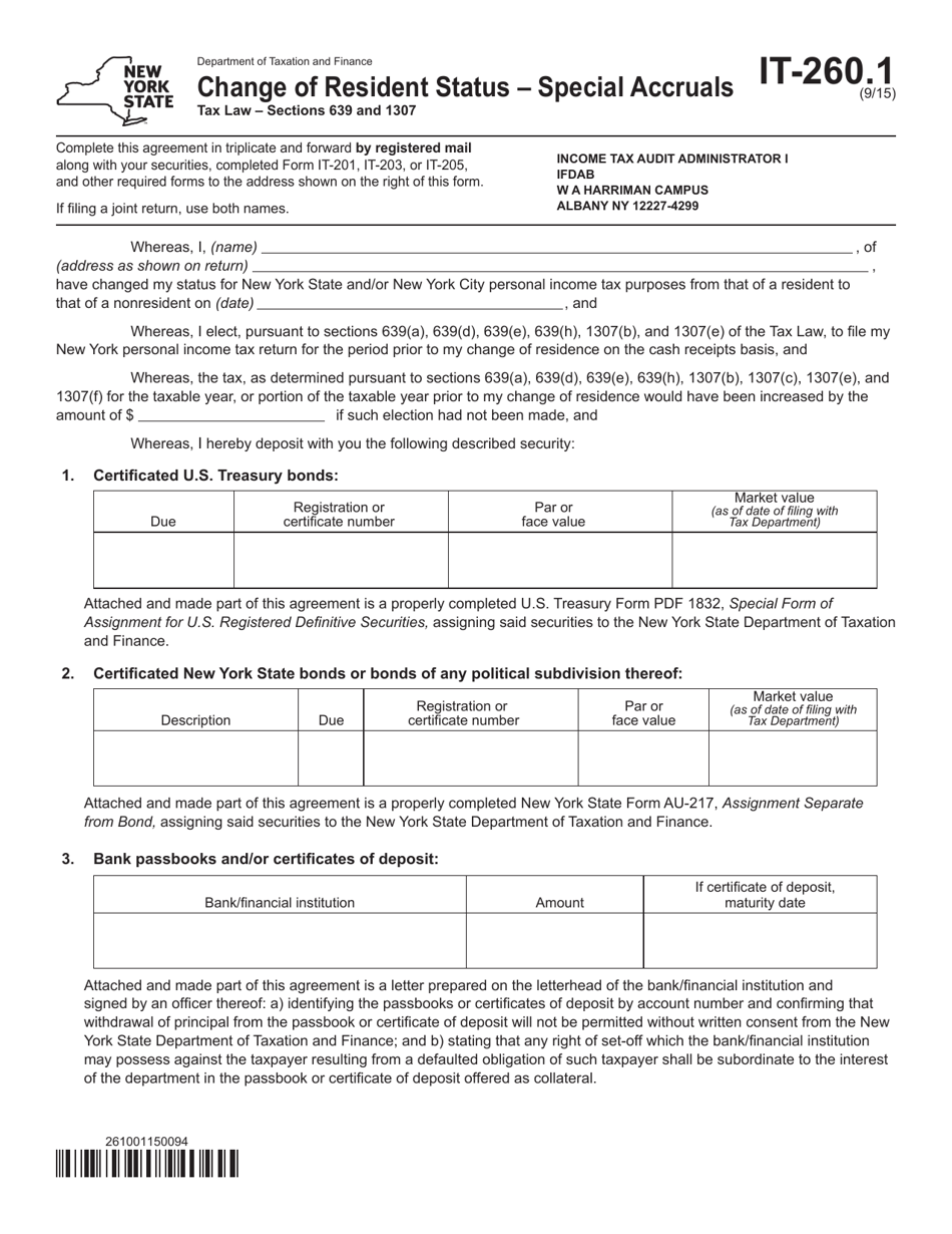 Form IT-260.1 Change of Resident Status  Special Accruals - New York, Page 1