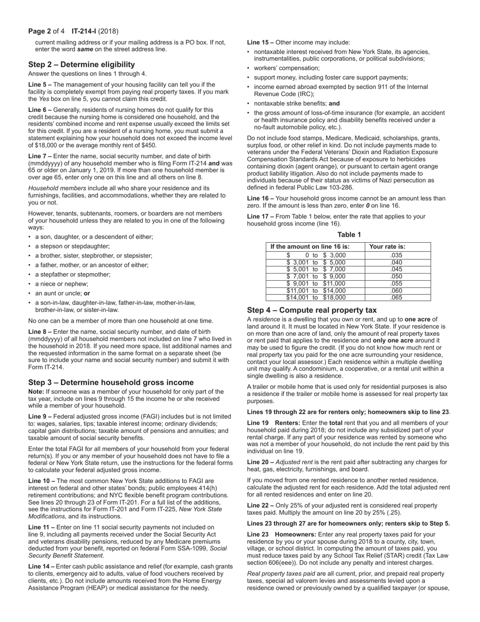 Instructions for Form IT-214 Claim for Real Property Tax Credit for Homeowners and Renters - New York, Page 2