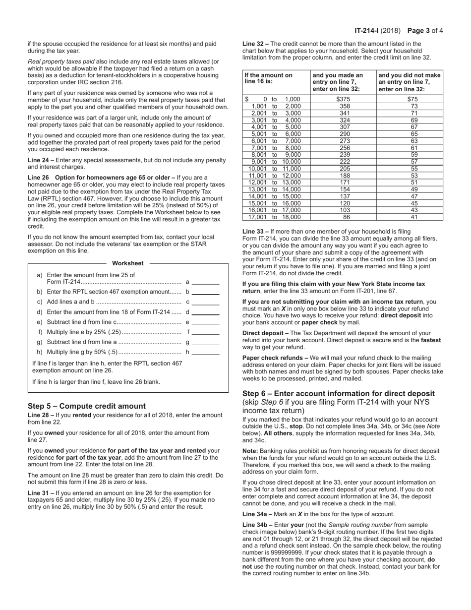 Instructions for Form IT-214 Claim for Real Property Tax Credit for Homeowners and Renters - New York, Page 3