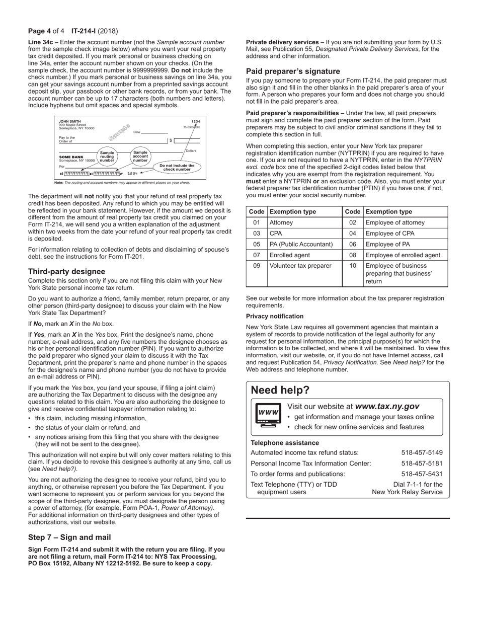 Instructions for Form IT-214 Claim for Real Property Tax Credit for Homeowners and Renters - New York, Page 4