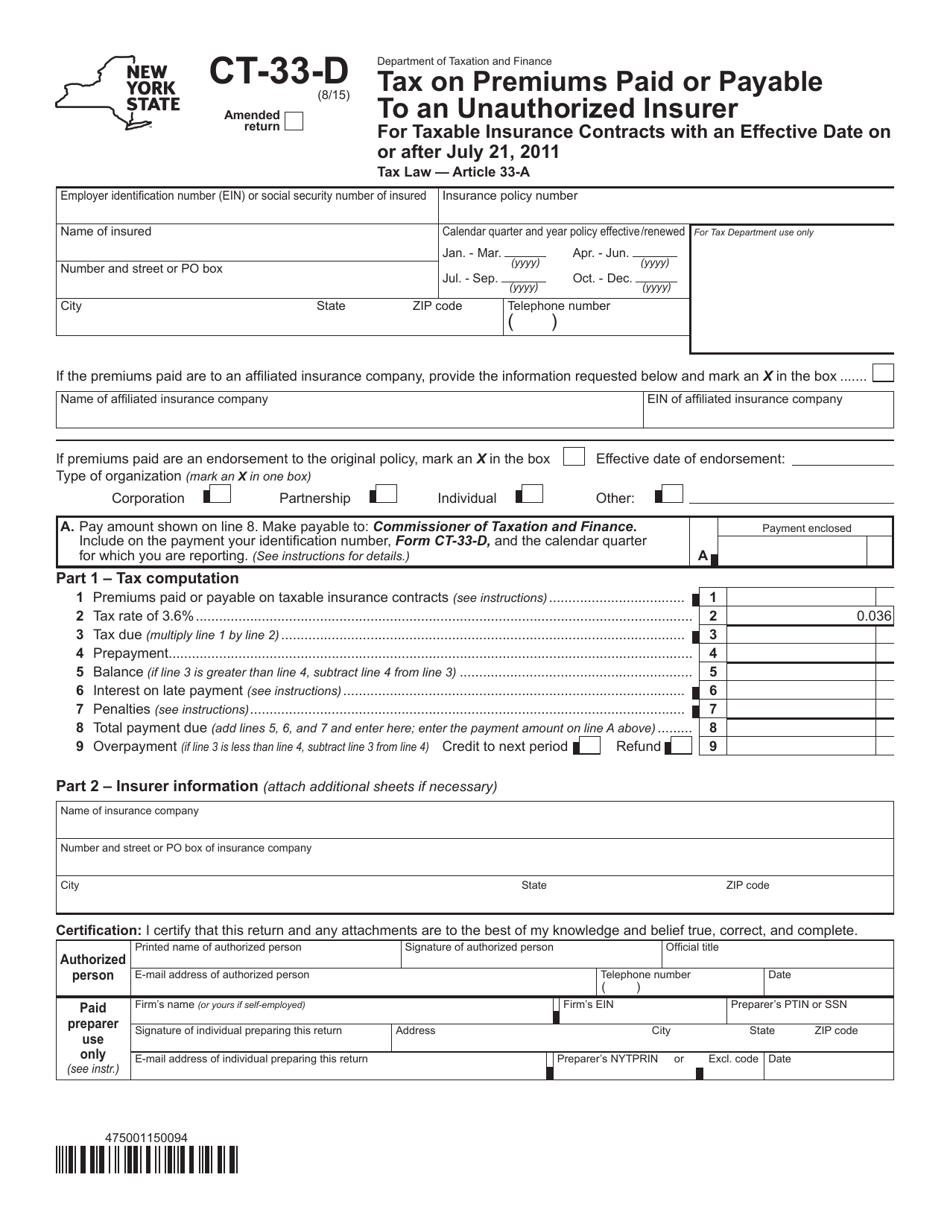 Form CT-33-D Tax on Premiums Paid or Payable to an Unauthorized Insurer - New York, Page 1