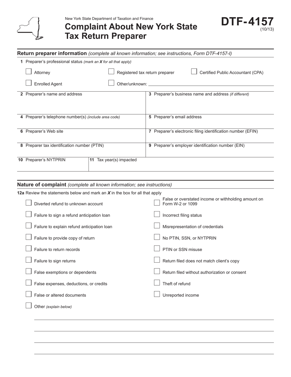 Form DTF-4157 Complaint About New York State Tax Return Preparer - New York, Page 1