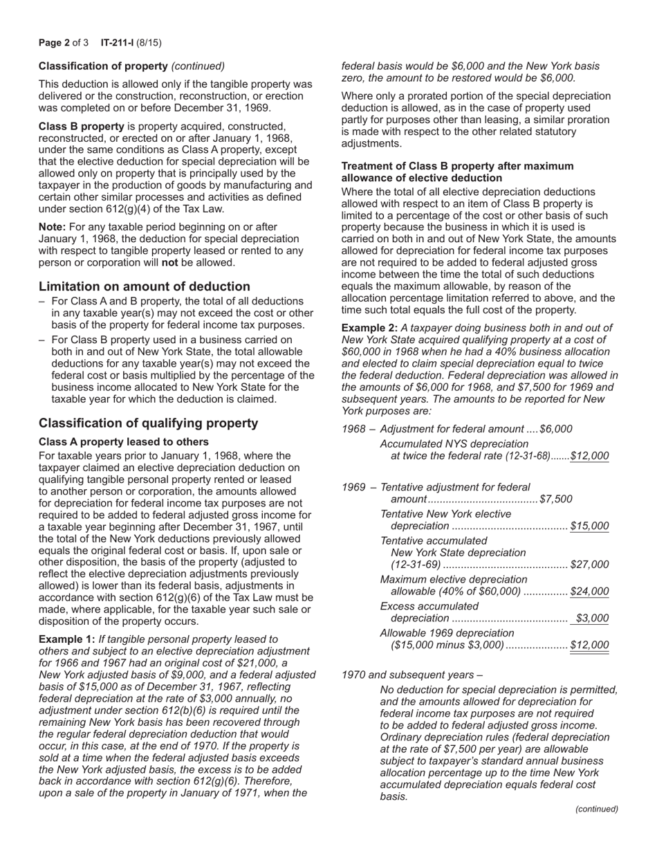 Instructions for Form IT-211 Special Depreciation Schedule - New York, Page 2